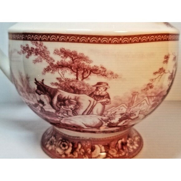 Vintage Red Toile Transfer wear Porcelain Pitcher French Farm Scene Farmhouse - Picture 5 of 9